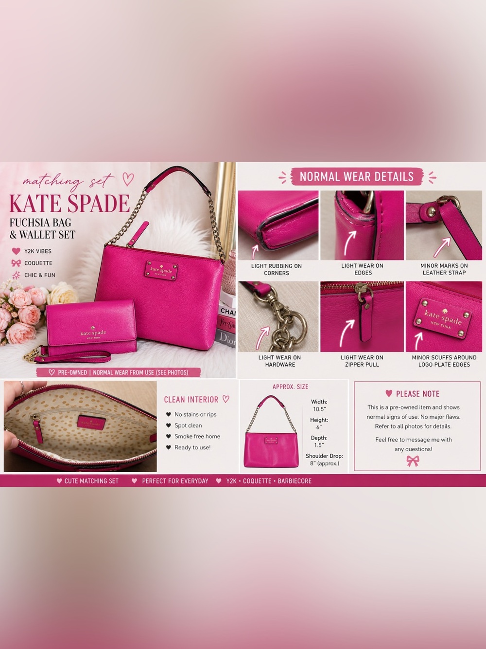 Kate Spade Fuchsia Pink Matching Purse & Wallet Set Y2K Coquette Barbiecore - Picture 2 of 8